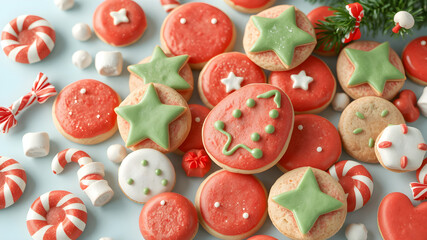 8K Christmas background with a pile of red and green Christmas decorated cookies, placed next to white and red striped candies and candy bars. The background is light blue