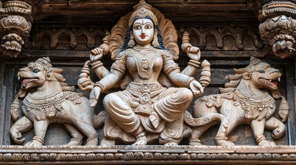 Fototapeta premium Durga Maa riding a lion, slaying the demon Mahishasura