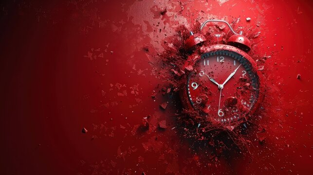 Red Alarm Clock Exploding into a Crimson Explosion