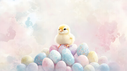 Adorable Yellow Chick Perched on a Pile of Pastel-Colored Easter Eggs with Soft Artistic Background