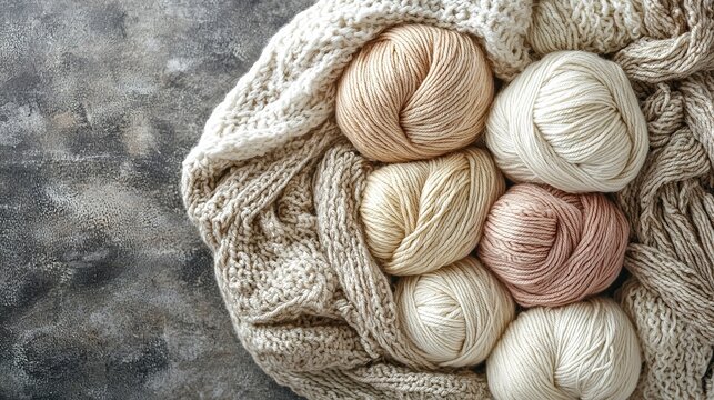 Cozy arrangement of soft, beige yarn balls on a knitted blanket, perfect for knitting and crochet enthusiasts.