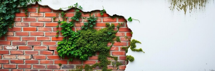 Fototapeta premium A wall made from red bricks partially submerged under a thick layer of white stucco with ivy and moss growing through the cracks, red brick, ivy growth, forest surroundings
