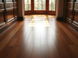 Fototapeta premium Wooden floor with high-gloss finish and natural light, hardwood floor, reflective surfaces, high-gloss finish