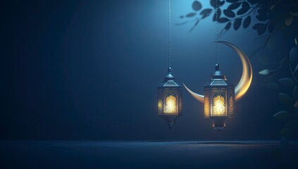 Elegant Ramadan Kareem Greeting Background with crescent moon and lanterns vector Illustration on dark blue background, sharp focus, high resolution digital photography, generative ai