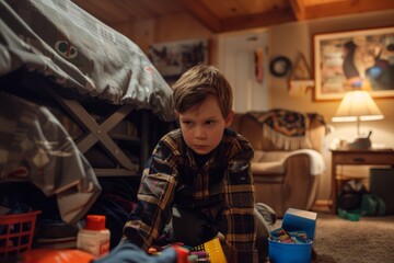 Boy assisting in setting up a movie night at home