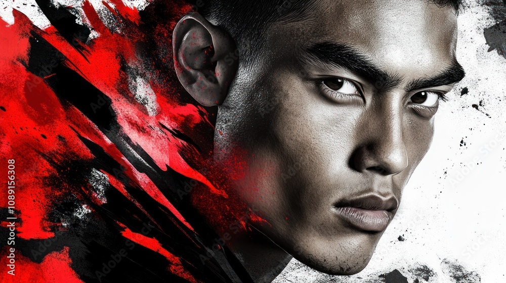 Poster A striking portrait of a man with intense expression and dynamic red and black abstract elements.