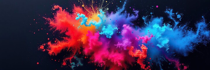 Colorful rainbow dust or powder swirls and mixes with blue aqua and red hues on a dark background, creating a dynamic and abstract art piece, red, dynamic