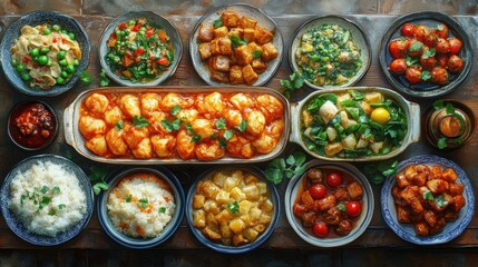 Fototapeta premium Construct an image of a potluck dinner where families from different backgrounds share dishes that tell their stories, embodying celebration, connection, and the love of food