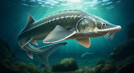 White Sturgeon Fish in the Water, Stream or River, Isolated Nature Wildlife Fishing Angler Illustration