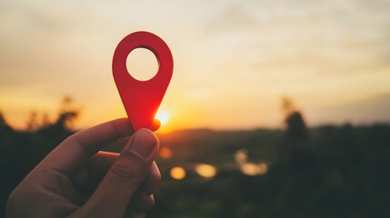 Hand holding a red location pin against a sunset background.