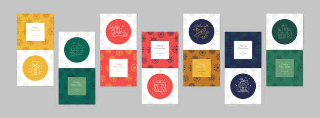 Merry Christmas and Happy Holidays cards with New Year gifts, presents, seamless snowflakes pattern, backgrounds design. Modern universal artistic templates. Vector contour illustrations