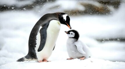 Obraz premium Baby Penguin and Parent Bonding on a Snowy Shore