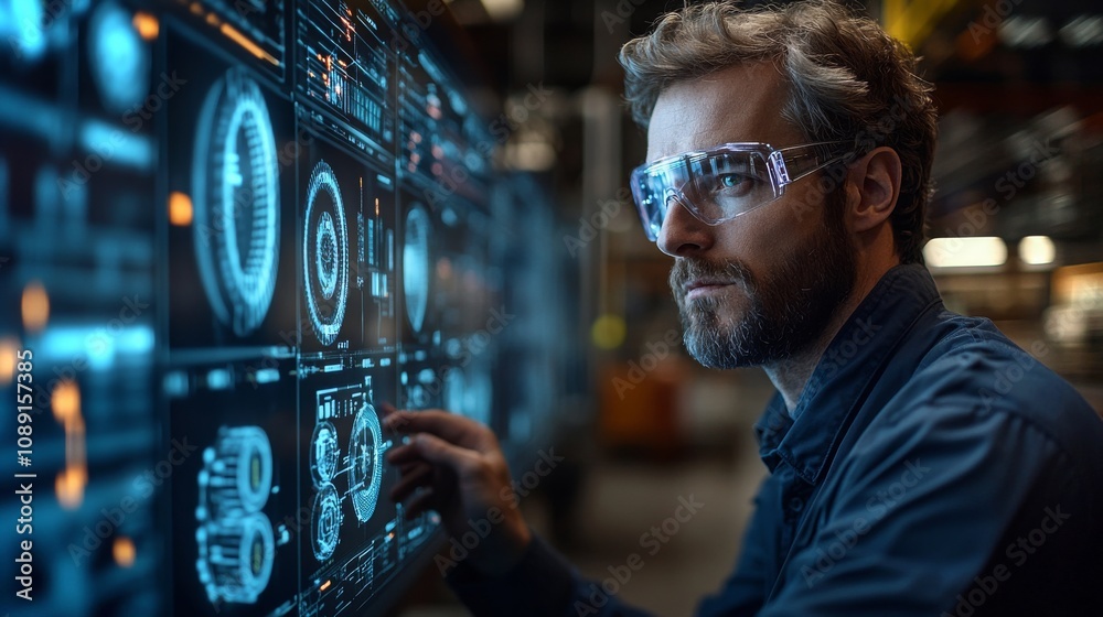 Poster engineer analyzes data in high-tech lab setting during daytime