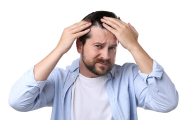 Naklejka premium Man with hair loss problem on white background