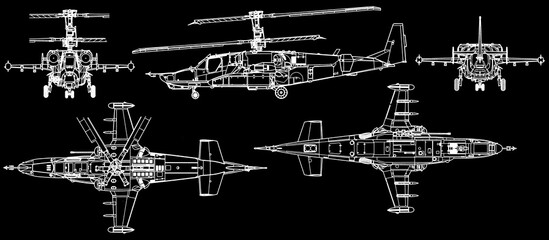 Drawing of american military transport helicopter  Chinook. General view. Front, side view.  Computer cad scheme. © TKalinovskaya