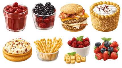 A Colorful Array of Delicious Desserts and Savory Snacks Including Burgers, Berries, and Pastries Perfect for Food Lovers and Culinary Enthusiasts