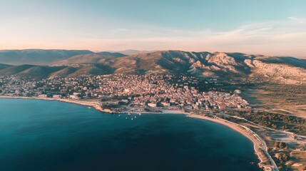 Obraz premium Coastal town with mountains, serene sea, and warm sunset colors.