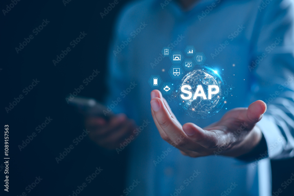 Wall mural sap system application products. business process automation and management software concept. busine