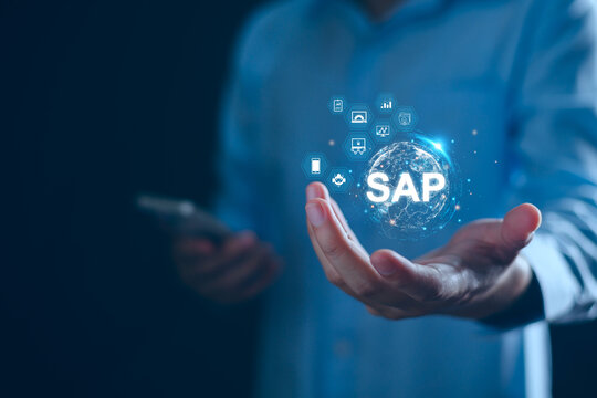 SAP System Application Products. Business process automation and management software concept. Businessman presents SAP network technology, integration process automation, management digital cloud data