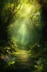 Obraz premium Discover a serene forest path illuminated by soft sunlight, surrounded by lush greenery and vibrant wildflowers. Experience the tranquility and beauty of nature in this hidden woodland oasis.