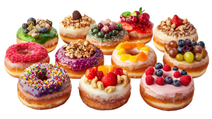 Colorful Variety of Delicious Donuts with Toppings and Sprinkles Perfect for Dessert Lovers, Sweet Treats, and Celebrations in a Fun and Playful Arrangement