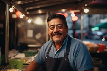 Obraz premium Smiling portrait of a middle aged Mexican man working at food truck