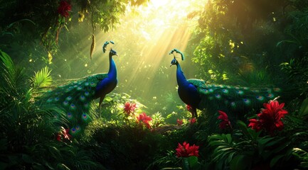 Fototapeta premium Two majestic peacocks display their vibrant plumage amidst a lush jungle environment, illuminated by golden beams of sunlight filtering through the dense foliage. A true tropical spectacle.