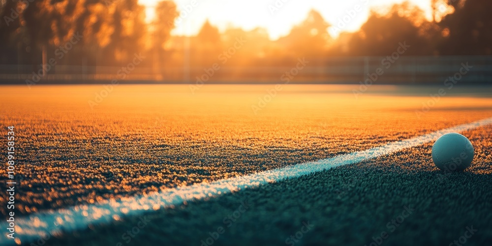Poster a close-up view of a sports field at sunset with a ball resting near the boundary line.