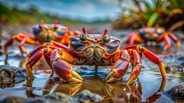 Close-Up Portrait of Sesarma Crabs on Mudflats Highlighting Their Unique Textures and Colors in a Natural Coastal Habitat