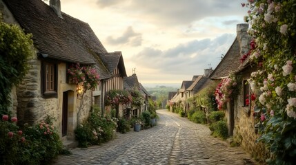A cobblestone path lined with quaint, flower-adorned cottages in a peaceful village, under a soft, cloudy sky. Concept: countryside charm, simplicity.