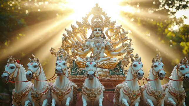Lord Surya riding his chariot with seven horses, radiating sunlight