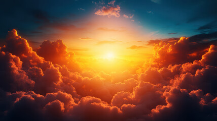 The sky is filled with clouds and the sun is shining brightly through them. The sun is the center of the image and it is surrounded by a large cloud. The sky is a mix of blue and orange