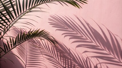 Obraz premium Shadows of palm leaves on a serene pink background, abstract shapes, natural textures, gentle movement, soothing colors, calm atmosphere