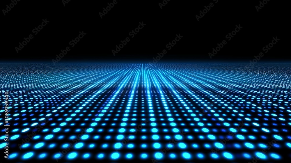 Poster symbolizing data particles in a technological environment, each particle conveying a different piece