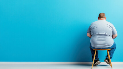 Corpulent man sitting on chair against bright blue wall in relaxed posture. Generative AI