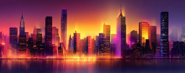 Fototapeta premium A stunning panorama of a city skyline at dusk, showcasing illuminated skyscrapers reflecting a mix of vibrant colors in the sky. An enchanting blend of urban beauty.
