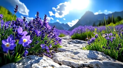 Obraz premium Vibrant Lavender Field Mountain Landscape Sunny Day