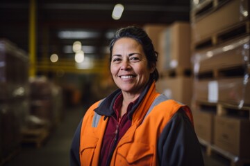 Fototapeta premium Portrait of a joyful middle aged female warehouse worker