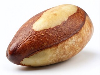 Closeup of a single Brazil nut with a shadow on a pristine white background, showcasing its unique texture and natural color variations, perfect for food photography and healthy eating concepts.