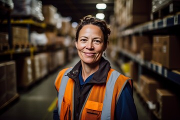Obraz premium Portrait of a joyful middle aged female warehouse worker