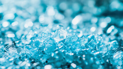 Close up view of microplastic particles in vibrant blue tones on a surface. Generative AI