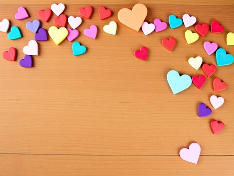 Colorful heart-shaped decorations scattered across a wooden plank with varying shades and sizes, whimsical decor, colorful hearts