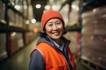 Portrait of a joyful middle aged female warehouse worker