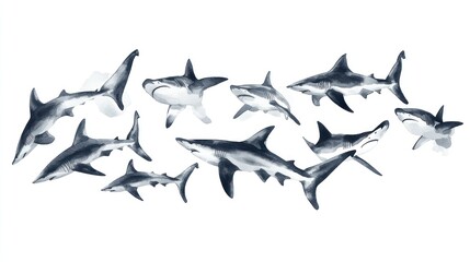 Fototapeta premium A School of Sharks Watercolor Illustration