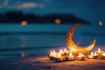 Ornate Crescent Moon and Candles on Sandy Beach at Night