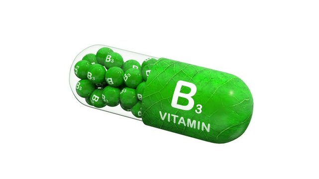 capsule with B3 vitamins on white background. Granules, pills, vitamin B3, supplements, healthy lifestyle, medicine and pharmaceutical sphere. Isolated. 3D render. Seamless loop.