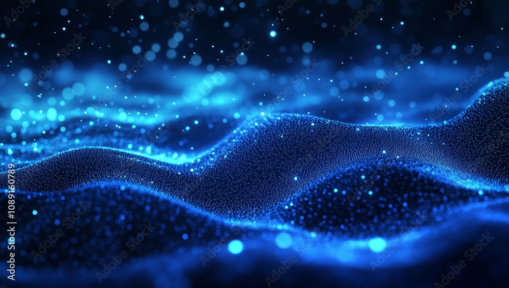 Poster an abstract background with dots and a gradient of blues and purples. the photo's name adhering to t
