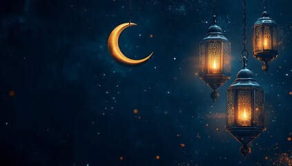 Fototapeta premium Elegant Ramadan Kareem Greeting Background with crescent moon and lanterns vector Illustration on dark blue background, sharp focus, high resolution digital photography, generative ai