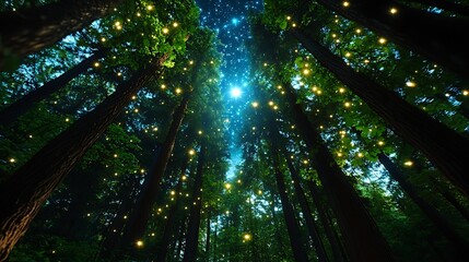 Fototapeta premium Enchanted Forest at Night Magical Tree Lights Stars