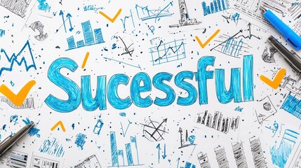 Playful "Successful" text in bright blue letters on a white background, with hand-drawn check marks and upward graphs scattered around the text.